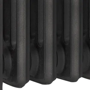 Close-up of the lower sections of a Grace 4 column cast iron radiator in a textured dark grey finish on a white background.