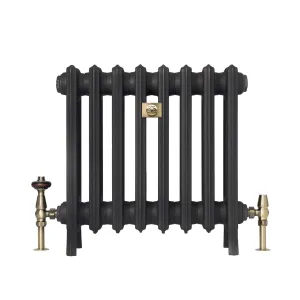 Grace eight-section cast iron radiator on feet in a dark textured finish, with a brass plaque and brass thermostatic and lockshield valves.