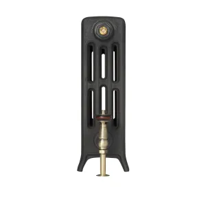 End view of a Grace four-column cast iron radiator on feet in a black finish, with a brass valve with a wooden head and a bleed valve on top.