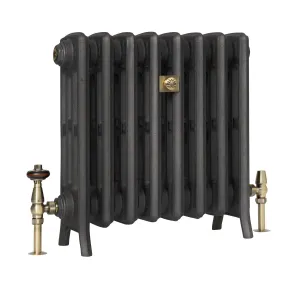 Grace four-column cast iron radiator on feet in a dark pewter-style finish, with antique brass valves and a brass wall stay plate.