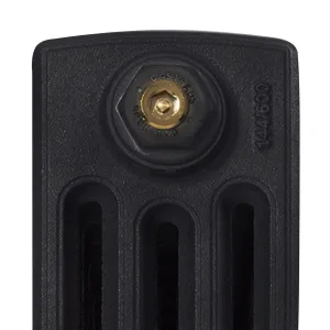 Close-up of the top of a Grace 4 Column cast iron radiator end section in a textured black finish, with a brass bleed plug in a Castrads end cap.