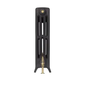 End view of a Grace 4 column 660mm cast iron radiator in a dark textured finish on feet, with a brass valve and wooden head.