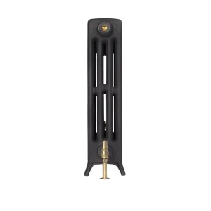 End view of a Grace 4 column cast iron radiator on feet in a dark matt finish, with a brass valve and brass bleed plug, on white.