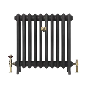 Grace 4 column 660mm cast iron radiator on feet in a dark graphite finish, with brass valves and a brass wall stay, on white.