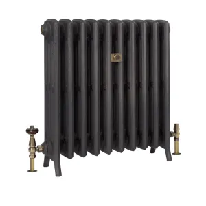 Grace 4 Column cast iron radiator on feet in a dark metallic finish, with an antique brass thermostatic valve and angled valve, on white.