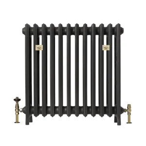 Grace 4 Column 760mm cast iron radiator in a dark graphite finish on feet, with brass valves and two brass wall stays, on white.