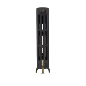 End view of a Grace 4 column 760mm cast iron radiator on feet in a dark charcoal finish, with a brass angled valve and bleed valve.