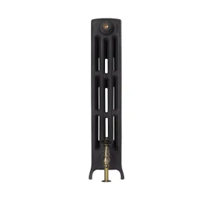 End view of a Grace 4 Column 760mm cast iron radiator in a black finish on short feet, with a brass angled valve and wooden head.