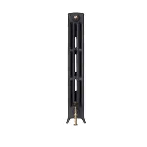 End view of a Grace 4 column 960mm cast iron radiator on feet in a dark grey finish, with a brass valve and bleed screw, on white.