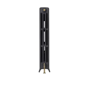 End view of a single section of a Grace 4 column 960mm cast iron radiator on feet in a black finish, with a brass valve and pipe at the base.
