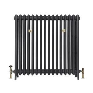 Grace 4 Column 960mm cast iron radiator in a dark grey finish on feet, with brass decorative plates and angled valves, on white.