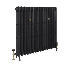 Grace 4 column cast iron radiator on feet in a dark charcoal finish, with brass wall stays and antique brass valves, on a white background.