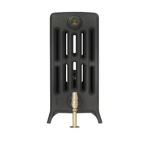 End view of a Grace 6 column cast iron radiator on feet in a dark graphite finish, with a brass valve and pipe at the base, on white.