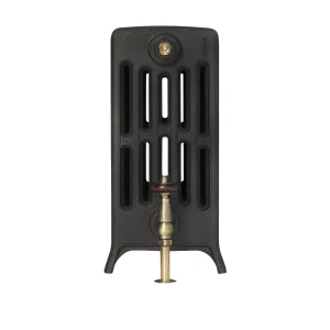 End view of a Grace 6 Column 485mm cast iron radiator on feet in a dark matt finish, with an antique brass valve and wooden-topped head.