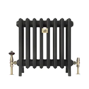 Grace 6 Column 485mm cast iron radiator on feet in a dark charcoal finish, with a brass plaque and antique brass thermostatic and lockshield valves.