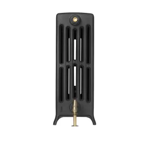 End view of a Grace 6 column 660mm cast iron radiator on feet in a black finish, with a brass valve below, on a white background.