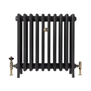 Grace 6 Column cast iron radiator on feet in a dark textured finish, with antique brass valves and a central brass plate, on white.