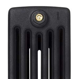 Close-up of the top end of a plain Grace 6 Column cast iron radiator in textured black, with a brass bleed valve in a Castrads-branded plug.