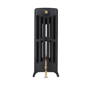 End view of a plain Grace 6 column 660mm cast iron radiator on feet in matt black, with a brass valve and wooden handle, on white.