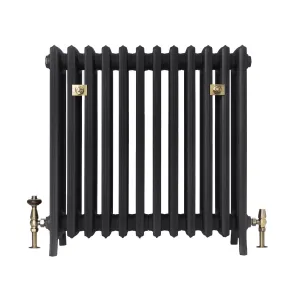 Grace 6 column cast iron radiator on feet in a dark charcoal finish, with brass wall stays and antique brass valves, on a white background.