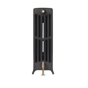 End view of a Grace 6 column cast iron radiator on feet in a dark grey finish, with a brass valve below and a brass bleed fitting on top.