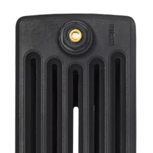 Close-up of the top of a plain cast iron radiator end section in matt black, with a brass-centred bush and a cast 221x600 size mark.