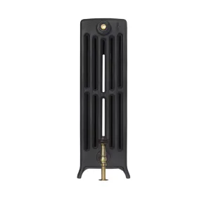 End view of a Grace 6 Column 760mm cast iron radiator on feet in a matt black finish, with a brass valve and bleed screw, on white.