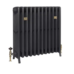 Grace 6 Column 760mm plain cast iron radiator on feet in a dark grey finish, with brass valves and square brass wall stays.