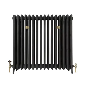 Plain Grace 6 column cast iron radiator on feet in a dark graphite finish, with brass wall stays and angled valves, on white.