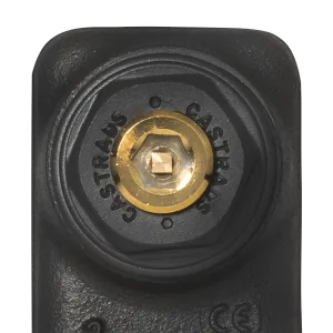Close-up of the end of a Mercury cast iron radiator section in Matt Black, with a Castrads-stamped black plug and brass bleed valve.
