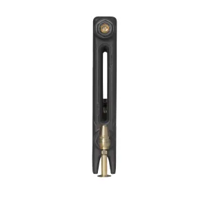 End view of a plain Mercury 2 Column 460mm cast iron radiator in Matt Black with a brass bleed plug and an antique brass valve below.