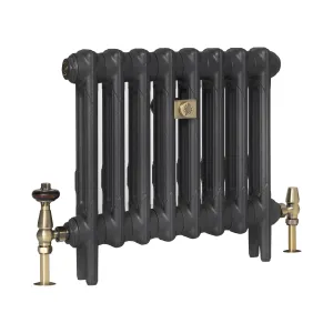 Plain Mercury 2 Column 460mm cast iron radiator in Matt Black on feet, with brass thermostatic and lockshield valves and a brass wall stay.