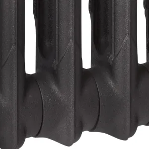 Close-up of the lower sections of a plain Mercury 2 Column cast iron radiator in Matt Black, showing the textured cast surface and joints.