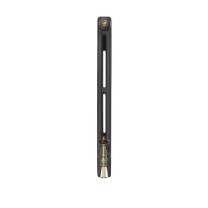 Side view of a plain Mercury 2 Column 760mm cast iron radiator in Matt Black, with a brass valve and wooden handle at the base.