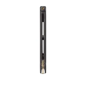 End view of a plain Mercury 2 Column 760mm cast iron radiator in Matt Black with a brass valve at the bottom, on a white background.