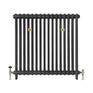 Plain Mercury 2 Column 960mm cast iron radiator in Matt Black on feet, with two brass wall stays and brass angled valves at each end.