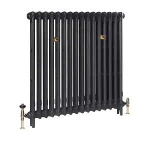 Mercury 2 Column 960mm cast iron radiator in Matt Black on feet, with brass wall stays and antique brass thermostatic and lockshield valves.