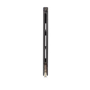 End-on view of a plain Mercury 2 Column 960mm cast iron radiator in Matt Black with a brass valve at the base, on white.