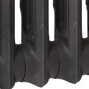 Close-up of the lower sections of a plain Mercury 2 Column cast iron radiator in Matt Black, showing textured cast surface and joined columns.