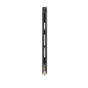 End-on view of a plain Mercury 2 Column 960mm cast iron radiator in Matt Black with a brass valve tail at the base, on a white background.