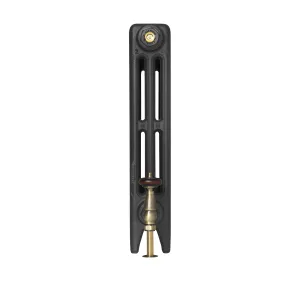 End view of a plain Mercury 3 Column 560mm cast iron radiator on feet in Matt Black, with a brass valve with a wooden head.