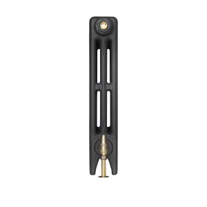 Plain Mercury 3 Column 560mm cast iron radiator in Matt Black seen end-on, with a brass valve at the bottom and a brass bleed plug at the top.