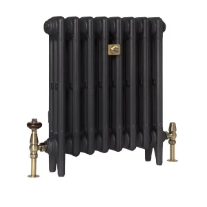 Plain Mercury 3 column cast iron radiator on feet in Matt Black, with brass valves, a wooden-headed thermostatic valve and a central brass plaque.