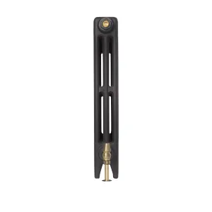 Single section of a plain Mercury 3 Column 660mm cast iron radiator in Matt Black, seen end-on, with a brass valve tail at the base.