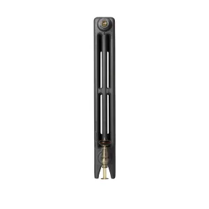 End view of a plain Mercury 3 Column cast iron radiator in Matt Black with a brass bleed valve at the top and a brass valve below.