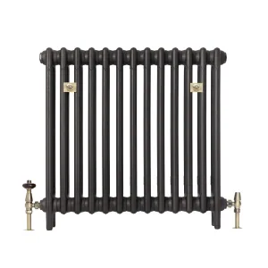 Plain Mercury 3 column cast iron radiator in Matt Black on feet, with brass wall stays, a thermostatic valve and a lockshield valve.