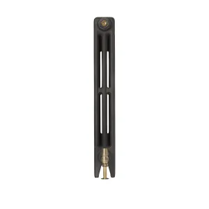 Side view of a plain Mercury 3 Column 760mm cast iron radiator in Matt Black on feet, with a brass valve at the base and a bleed valve at the top.