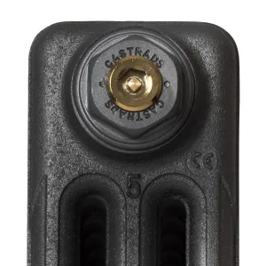 Top end of a Mercury 3 Column cast iron radiator in Matt Black, with a grey Castrads-stamped end plug and a brass bleed valve.