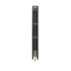 End view of a plain Mercury 3 Column 860mm cast iron radiator in Matt Black, with a brass bleed valve at the top and a brass valve at the base.