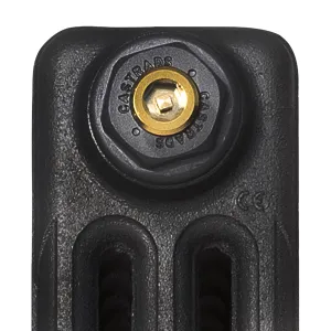 Close-up of the top of a plain Mercury 3 column cast iron radiator in Matt Black, with a Castrads-stamped end plug and brass bleed valve.